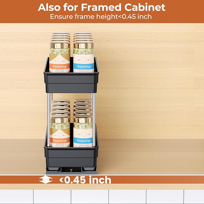 Mystozer Pull Out Spice Rack Organizer for Cabinet, Slide Out Spice Racks Organizer, Easy to Install Spice Cabinet Organizers, 4.33''Wx10.62''Dx8.66''H, 2 Packs-2 Tiers(Black)