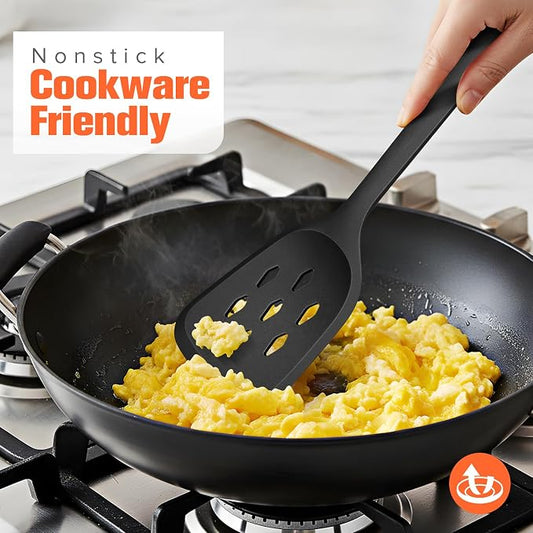 Silicone Cooking Spatula&Slotted Spatulas, Pack of 2,Solid Turner Kitchen Utensils Set for Cooking,Frying, Baking, Flipping, Turning,Heat Resistant 450℉ (BLACK)