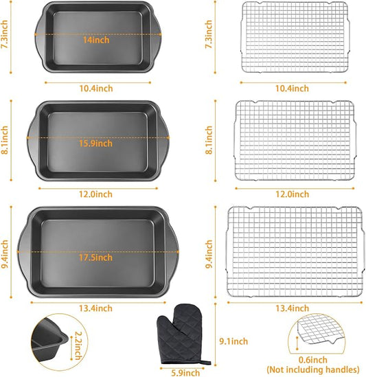 8PCS Deep Baking Pan Set, 14/15.9/17.5 Inch Nonstick Oven Pan with Cooling Racks & Oven Mitts, Heavy-Duty Roasting Pan with Wide Handles for Cakes, Lasagna and Meat, Black