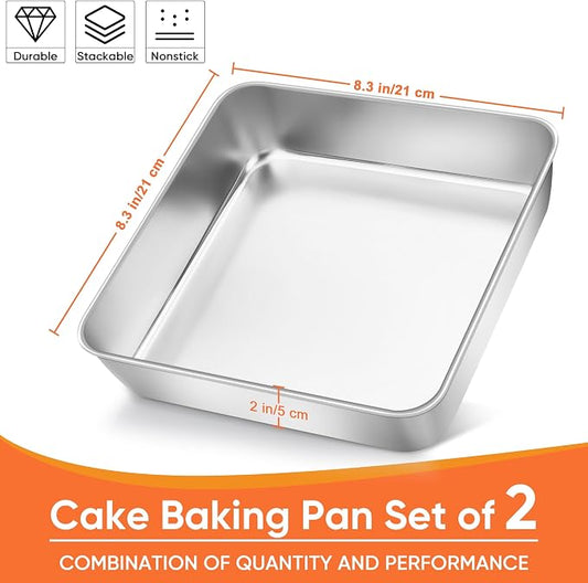 Herogo 8"x 8" Square Cake Pan, Stainless Steel Square Baking Pan, Cakes Brownie Lasagna Bakeware Set of 2, Healthy & Dishwasher Safe