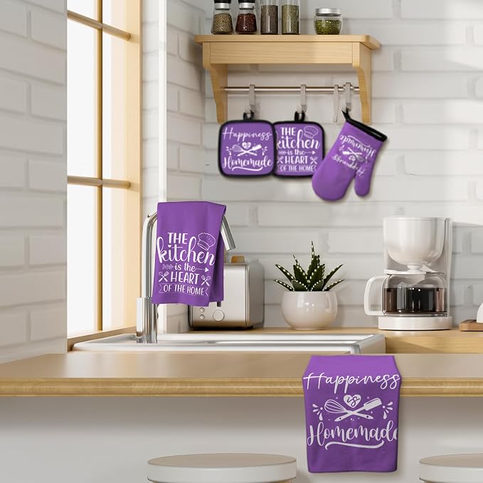 Sratte 6 Pcs Kitchen Decor Accessories Set Farmhouse Towels Pot Holders Oven Mitts Set 2 Dish Towels 2 Potholders 2 Cooking Mittens Oven Glove for Christmas Baking Cooking (Purple,Kitchen)
