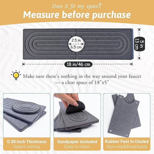 Diatomite Sink Mat around Faucet, Instant Dry Stone Sink Tray Cleaning Tools Holder Prevents Moisture Buildup, Sink Splash Guard for Bathroom Laundry Counter, Elegance Stylish Birthday Gift, Dark Gray