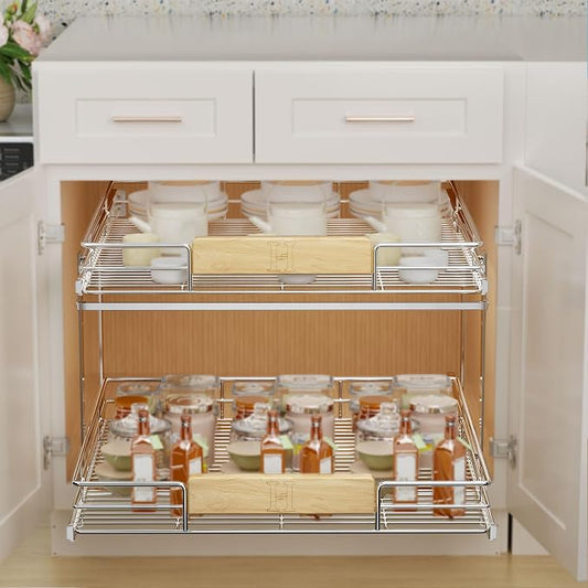 LOVMOR 2 Tier Pull Out Cabinet Organizer 28½" W x 21½" D, Slide Out Drawers with Wooden Handle, Sliding Shelves Organization and Storage for Kitchen, Pantry
