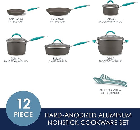 Rachael Ray Cucina Dishwasher-Safe Hard-Anodized Pots and Pans Set Non Stick Cookware, 12 Piece, Gray with Agave Blue Handles