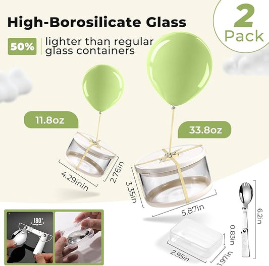 SAYAPE Glass Food Storage Containers with Airtight Lids, 33.8oz & 11.8oz High-Borosilicate Glass Meal Prep Containers with Spork, Bento Lunch Boxes for Salad, Ramen, Soup, Fruit - 2 Pack, White