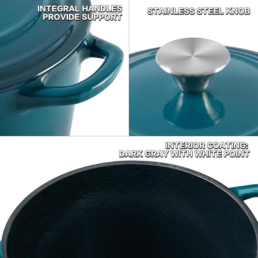 Flavehc Dutch Oven Pot with Lid 1.8 Qt Cast Iron Dutch Oven for Bread Baking, DarkCyan Enameled Cast Iron Rice Pot, Small Deep Dutch Oven for Rice, Beans & Side Dishes