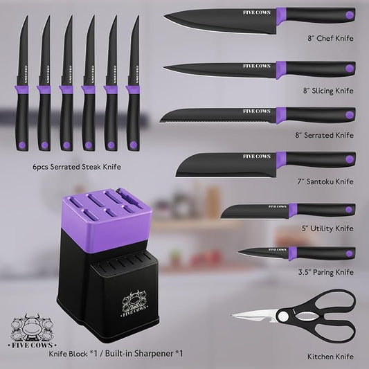 14 Pcs Kitchen Knife Block Set with Sharpener German High Carbon Stainless Steel Chef Knives, Razor-Sharp & Durable, Lightweight Anti-Slip Handle, Professional Set for Home & Kitchen (Purple)