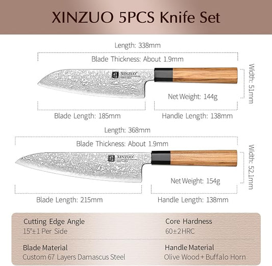 XINZUO 5 Pieces Kitchen Knife Set without Block, Hand Forged 67 Layers Damascus Steel Professional Chef Knife Set,Ultra Sharp,Olive Wood Octagonal Handle