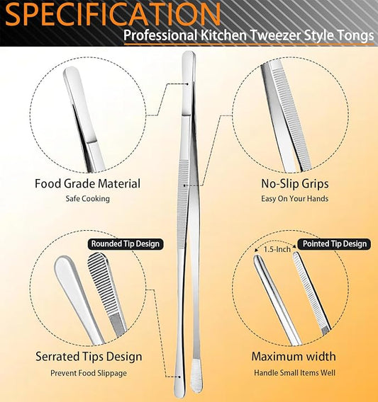 JETKONG 6 Pcs Cooking Tweezer Tongs, 12'' and 6.3" Stainless Steel Kitchen Tweezer Set, Professional Chef Tweezers for Cooking, Repairing, Sea Food, BBQ, Multi-use