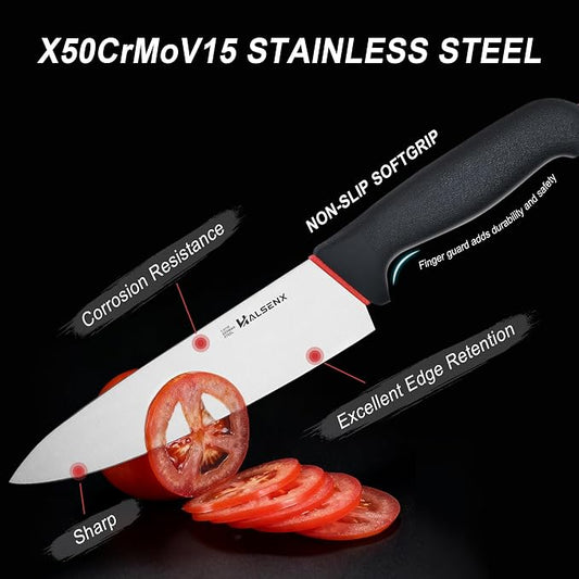 5-Piece Professional Kitchen Knife Set - 8" Chef, 7" Santoku, 5.5" Utility Knives, In-Drawer Knife Storage & Sharpener - Non-Slip Softgrip Handle for Home Kitchen