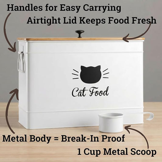 Cat Food Storage Container with Scoop - 15 lb (50 Cup) Capacity Metal Cat Food Container with Airtight Bamboo Lid & Metal Scoop - Airtight Pet Food Storage Containers - 15 lb Treats & Kibble Container