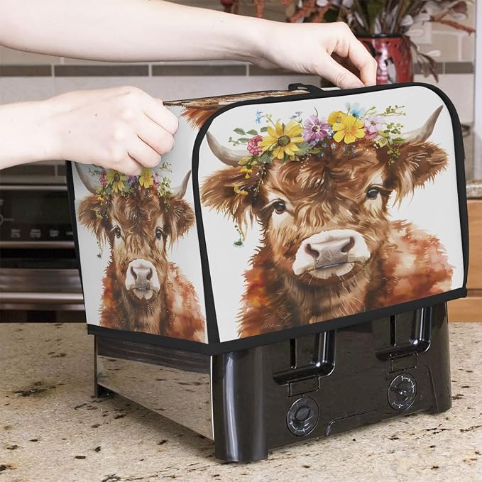 4 Slice Highland Cow Floral Toaster Cover Waterproof Dust Fingerprint Bread Machine Cover Washable Kitchen Appliance Protector For Home Kitchen Bakeware Table Decor Women Gifts