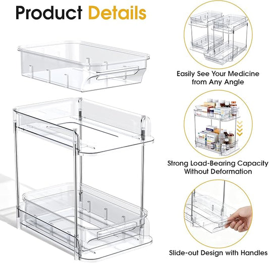 2 Pack Medicine Cabinet Organizer with Dividers, Medicine and Vitamin Bottle Storage, MultiUse Pull-Out Under Sink Organizer Storage Container, Suitable for Cabinets, Bathrooms, Dressing Tables,Pantry