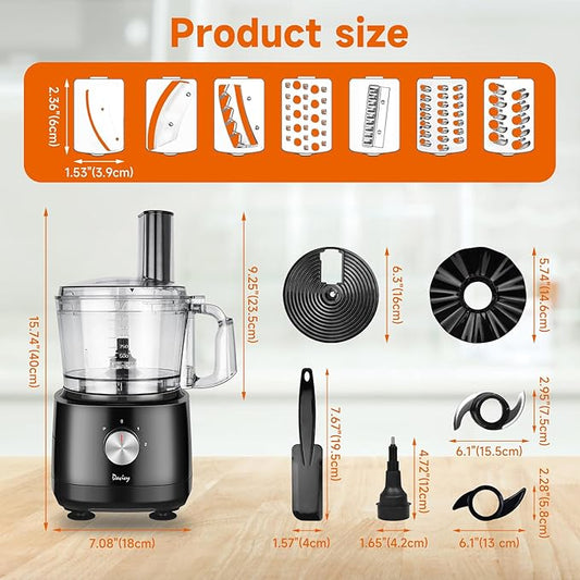 Davivy 7-Cup Food Processor with Built-in Storage Drawer | 600W Motor, 10-Blade Set for French Fries, Wavy Slicing, Dough Kneading | 3-Speed Compact Chopper for Home Kitchen Meal Prep, Black