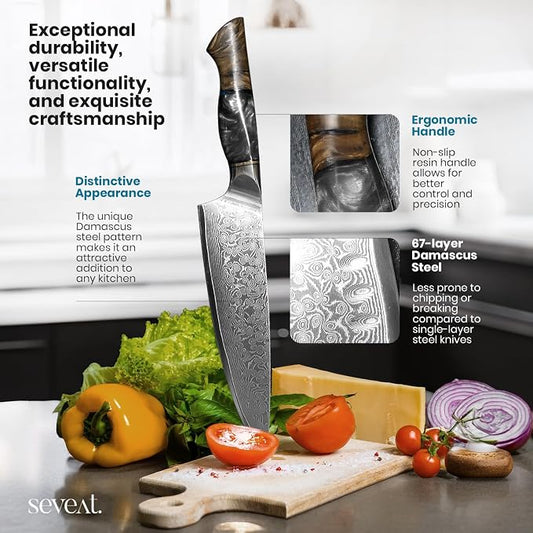 Damascus Kitchen Knife Set | 67-Layer Damascus Steel | Professional Set: 13” Chef, 12.3” Santoku & 9.8” Utility Knife | Ergonomic Wood & Resin Handle | Gift Box Included (Black, 3-Piece Set)