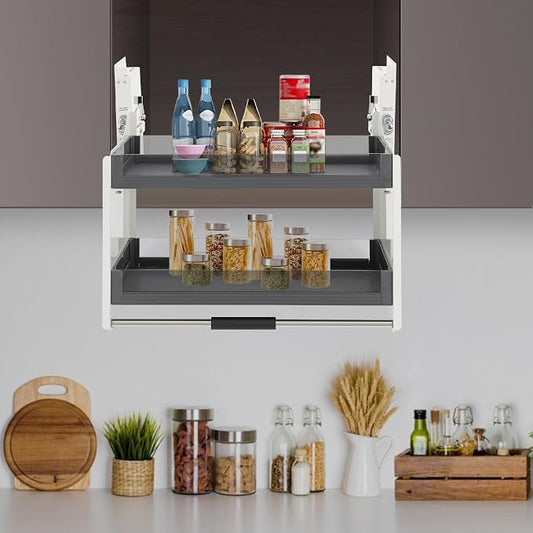 Pull Down Shelf for Upper Cabinets, 2-Tier Drop Down Cabinet Organizer, Kitchen Spice and Dishes Pull Down Storage Shelf, High Cabinet Pull-Out Organizer for Snacks, Bowls, Plate(White, 30in)
