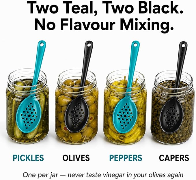 Olive and Pickle Spoon Set of 4, 7-Inch Small Slotted Serving Utensils for Jars, Teal and Black, Perfect for Olives, Pickles, Capers, Pepperoncini, Cherries, Dishwasher Safe, Made in USA by Pikanty