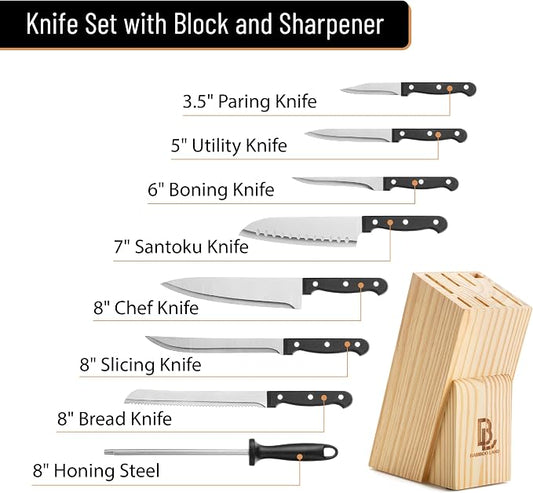 BAMBOO LAND- Kitchen Knife Set, 9 pcs, Stainless Steel Knife Set with Block and Sharpener, Kitchen Knives with Wooden Block