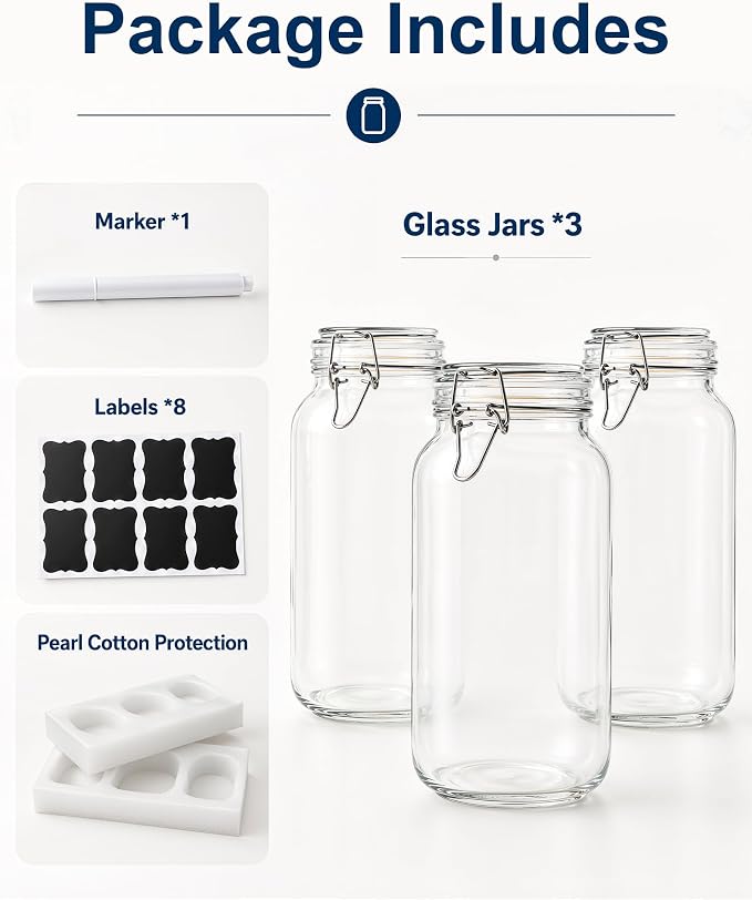 OneDream 78oz Glass Jars with Airtight Lid, 3 Pack Large Glass Storage Jars, Square Canisters for Pantry, Wide Mouth Glass Food Storage Containers for Flour, Sugar, Cereal, Pasta