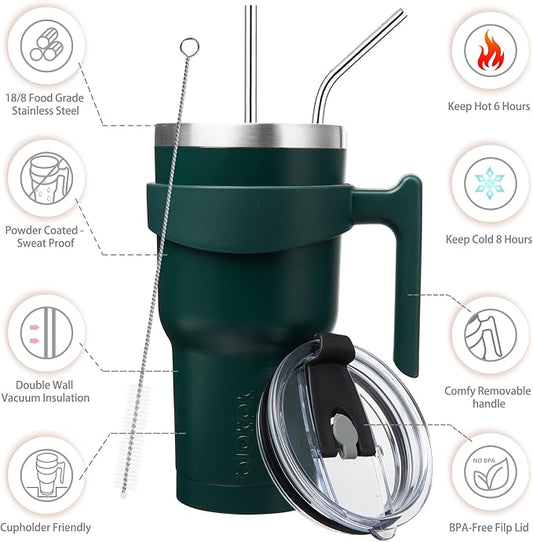 BJPKPK Tumbler With Handle And Straw 30 oz Insulated Tumbler With Lid Stainless Steel Coffee Cups Travel Mug,Army Green
