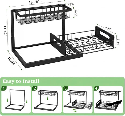 Under-Sink Storage Organizer (2-Pack) — Double-Tier Pull-Out Cabinet Organizer with Sliding Drawers ,Heavy-Duty & Versatile Storage Rack for Kitchen, Bathroom, and Pantry,Black