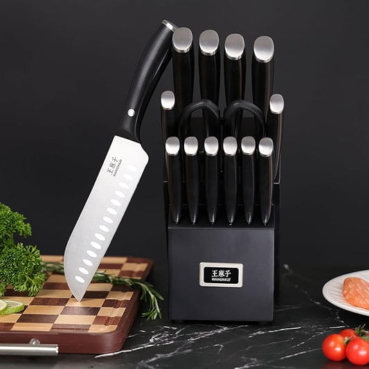 WANGMAZI Professional Kitchen Knife Set, 15 Pcs Sharp Kitchen Knife Set with Built-In Knife Sharpener, Dishwasher Safe, German Stainless Steel Knife Block Set for Home Kitchen Gifts, Black