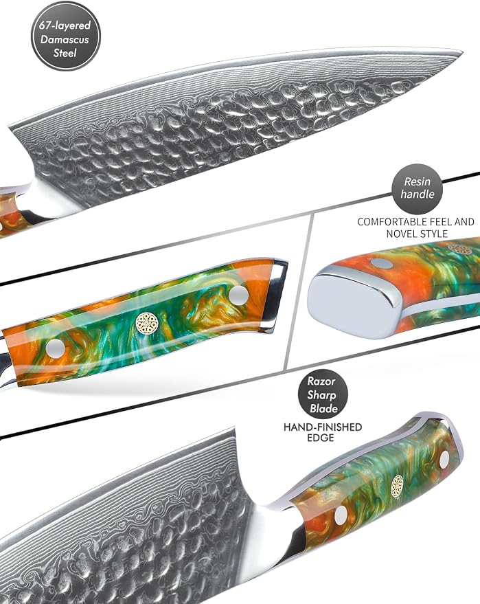 Kitchen Cooking Knife Set - 5 Pieces Chef Knives- Forged Damascus Steel & Resin Handle - Yao Series