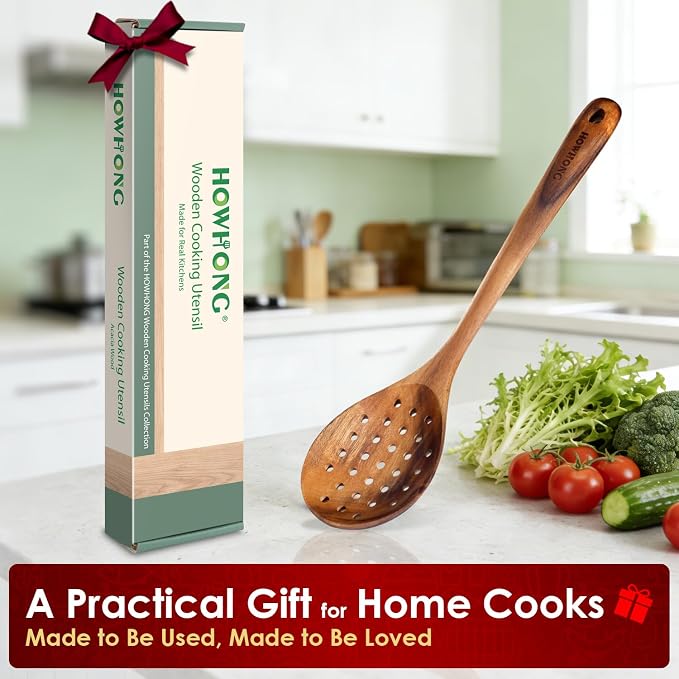 HOWHONG Slotted Spoon Wooden Cooking Utensil, Long Handle Acacia Wood Spoon for Cooking, Draining Spoon for Vegetables Pasta and Frying, Nonstick Cookware Safe, Bare Wood Feel for Daily Kitchen Use