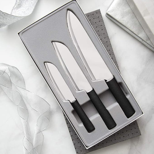 Rada Cutlery Chef Select Gift Set (G257), 3-Piece Knife Set with Quick Edge Sharpener (R119), Stainless Steel Blades, Black Handle