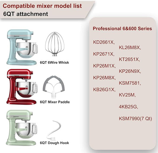 Flex Edge Beater 3Pcs for KitchenAid Mixer Attachments and Accessories Compatible with 6 Quart Lifting Stand Mixers (KN256 6-Wire Whip, 6QT Flat Beater Paddle, 6QT Dough Hook Attachment)