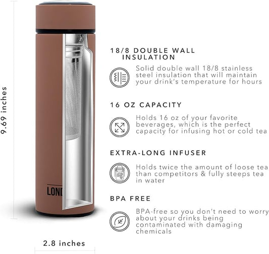 The London Sip 16.9 oz Multi-Purpose Tea Infuser Mug – Fruit Infuser Water Bottle for Hot and Cold – Double Wall Stainless Steel Insulated, Mocha Brown