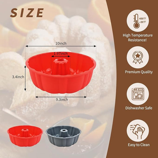 PADELE 2 Pack Silicone Cake Pan Nonstick,10 Inch, Silicone Cake Molds,Pound Cake Pan, Baking for Jello,Gelatin,Cake,Brownie and Bread (Red+Grey)