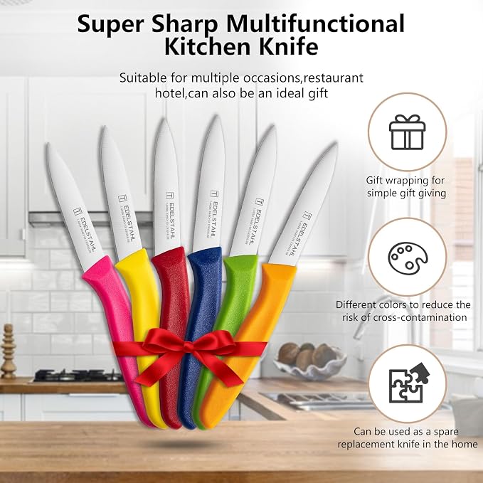 Paring Knife Fruit Knife Set,6 Pieces Stainless Steel Paring Knives Set,Sharp Knife,Straight Edge Small Knife Set for Cutting Fruits and Vegetable,Ergonomic Handle,Colorful