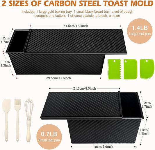 2Pack Bread Pan with Lids โ 2.2 LB & 1 LB Dough Capacity, Non-Stick Carbon Steel Bread Pans for Homemade Sandwich and Sourdough Bread, Corrugated Toast Mold Black