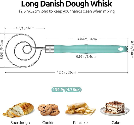 U-Taste 12.6in Danish Dough Whisk: 18/8 Stainless Steel Heavy-Duty Sourdough Mixer Tool, Food Grade Dutch Style Seamless Bread Wisk, Sturdy for Mixing, Stirring, Kneading Thick Batter (Aqua Sky)