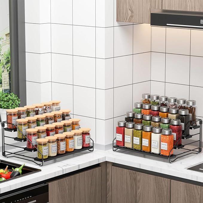 RCHYFEED Spice Rack Organizer for Cabinet Pantry,4 Tier Spice Rack Countertop, Depth Adjustable Spice Organization for Cabinet,Tierd Seasoning Organizer for Cabinet(Black, 1Pack) | for Cabinet Pantry