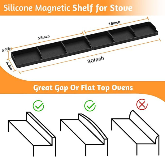 Foeacry Magnetic Stove Top Shelf 30"/15", 2-Piece Silicone Over the Stove Shelf Spice Rack & Spice Organizer — Heat Resistant, No Drill Kitchen Storage Organizer for Gas & Electric Stoves