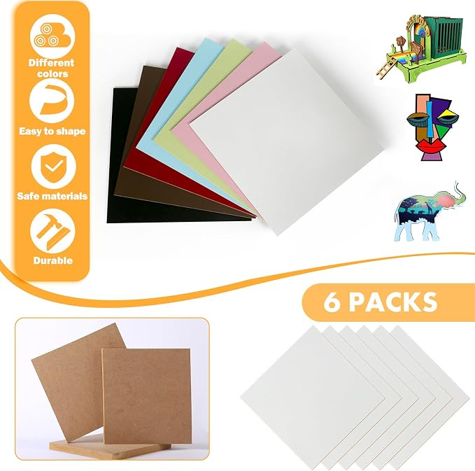 6 Pack Colored MDF Boards for Laser Engraving, 12x12x1/8 (3mm) Unfinished Fiberboard for Laser Cutting, DIY Craft Projects, Home Decor, Sign Making, Woodworking (White)