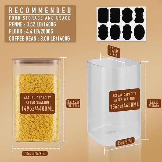 D2scrma 149oz Airtight Glass Square Storage Canister with Bamboo Lid Set of 2(4400ml*2) Large Gallon Glass Jars for Sugar, Flour, Cookies and Coffee beans (with Black Lable)