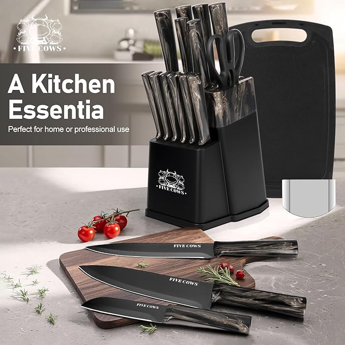 16-Piece Kitchen Knife Block Set with Cutting Board - German Stainless Steel Knives, Built-In Sharpener, Dishwasher Safe, Anti-Slip Handle - All-in-One Cutlery Set for Home/Kitchen (Black)