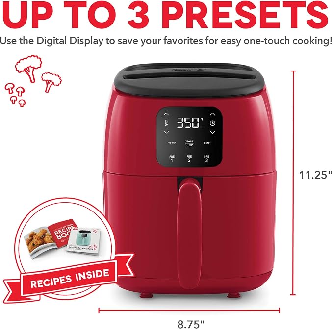Dash Tasti-Crisp™ Digital Air Fryer – 2.6 Quart Small Compact Mini Air Fryer for French Fries, Nuggets & More, 1-2 People, Auto Shut Off, Adjustable Temp, Dishwasher Safe Parts - Red