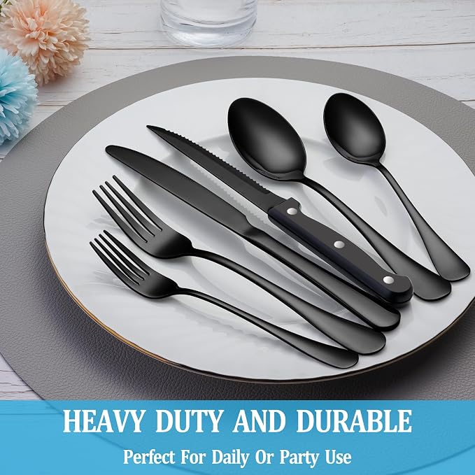 24 Pcs Black Silverware Set with Steak Knives, Stainless Steel Flatware Cutlery Set Service for 4, Kitchen Tableware Set, Utensil Set for Home and Restaurant, Knives Forks Spoon Set, Dishwasher Safe