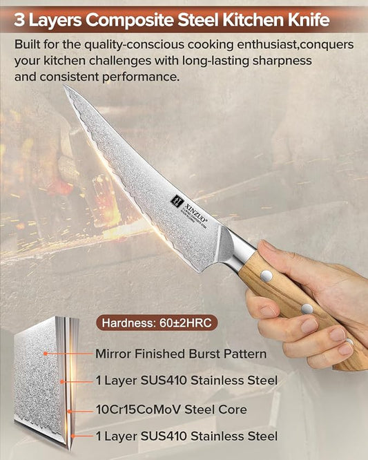 XINZUO Curved Boning Knife 6.3 Inch, 3 Layers Composite Steel,For Meat Cutting, Filleting-Full Tang With Ergonomic Olive Wood Handle