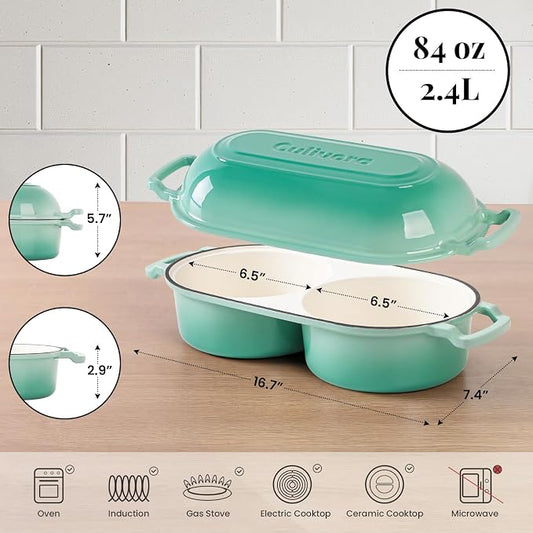 Cast Iron Bread Pan with Lid, Mini Enamel Sourdough Baking Dutch Oven Pot, Double Round Loaf Space for Homemade, Bread, Cake, Meatloaf, 16.5cm Diameter, 500ยฐF Oven Safe, Non Stick, Green