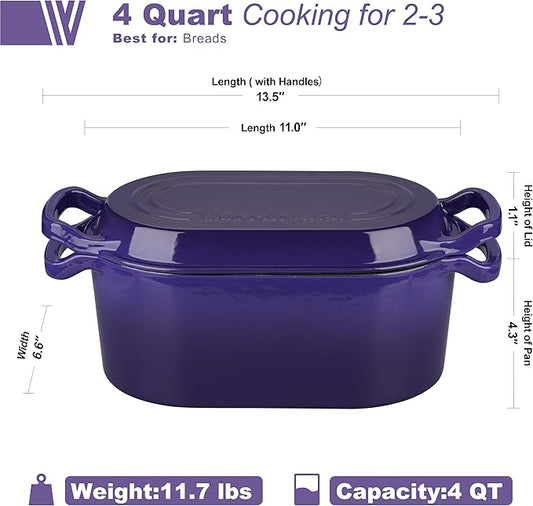 VORRINGARD Oval Dutch Oven Pot with Lid, Enamel Coating Cast Iron Bread Pans for Homemade Sourdough Bread Baking, Cooking, 4 Quart, Purple