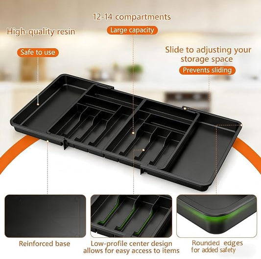 Utensil Organizer for Kitchen Drawer, Expandable Cooking Silverware Tray,Large Silverware Drawer Organizer,Plastic Spatula Tools Storage Divider, 21.6-38", Black