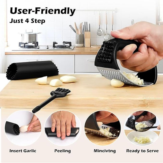 Stainless Steel Garlic Press Rocker Set with Garlic Peeler and Cleaning Brush, Garlic Mincer Tool Kitchen Gadgets Essentials