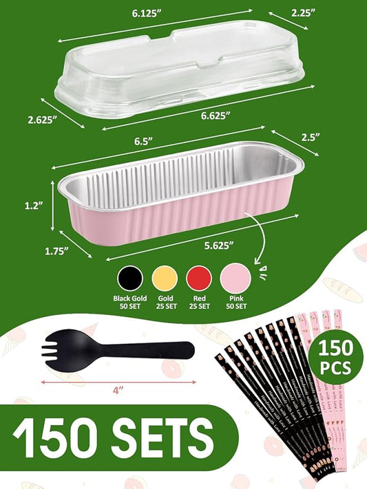 NEEBAKE 150 Pack 6.8 oz Disposable Mini Loaf Pans with Lids and Spoons - 6.5x2.5x1.2 Mixed Color Aluminum Loaf Pans, Small Aluminum Tin Foil Baking Pan, Food Containers for Baking, Cakes, Bread