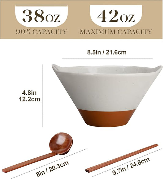 MALACASA 42 oz Ceramic Ramen Bowl Set with Wooden Spoon & Chopsticks, Japanese Style Soup Bowls for Ramen, Pho, Noodles – Set of 2, Microwave & Dishwasher Safe, Series TARA (Gray and Khaki)