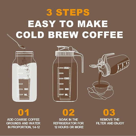 JunVpic Cold Brew Coffee Maker Jar - 64oz Wide Mouth,LeakProof,Heavy Duty Glass Mason Pitcher with Spout Lid,Handle & Stainless Steel Filter for Iced Coffee,Lemonade,Ice Tea & Fruit Drinks